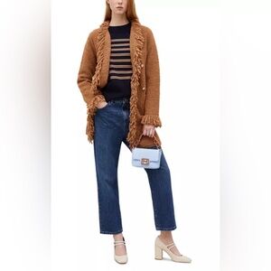 Marella Regina Sweater L Tan Camel Fringe Gold Buttons 3/4 Length Italy NWT $355